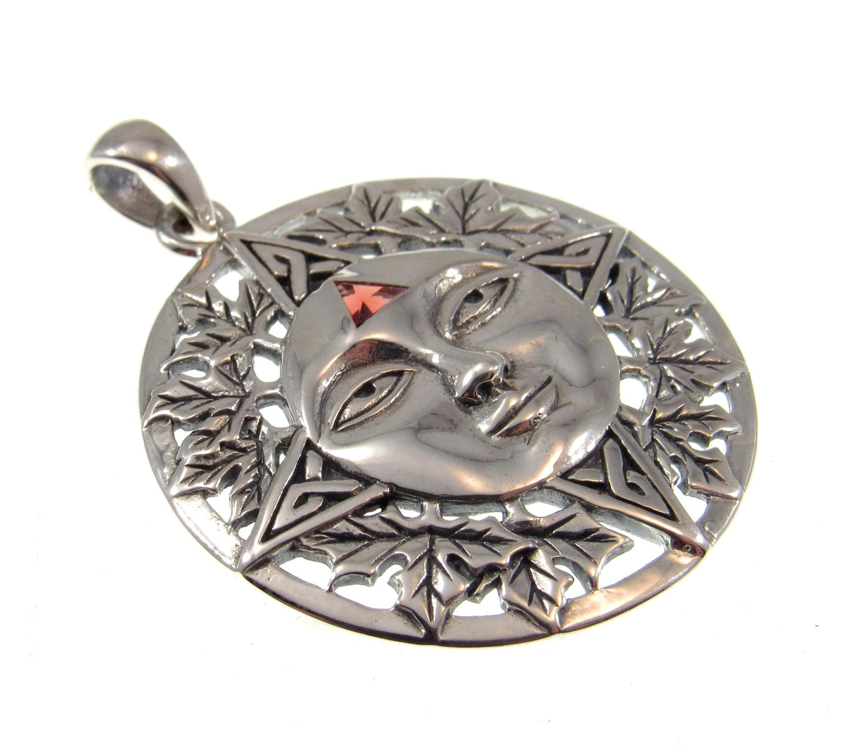 Solid 925 Sterling Silver Autumn Sun Face Pendant with Garnet, Celtic Leaf Solar Talisman