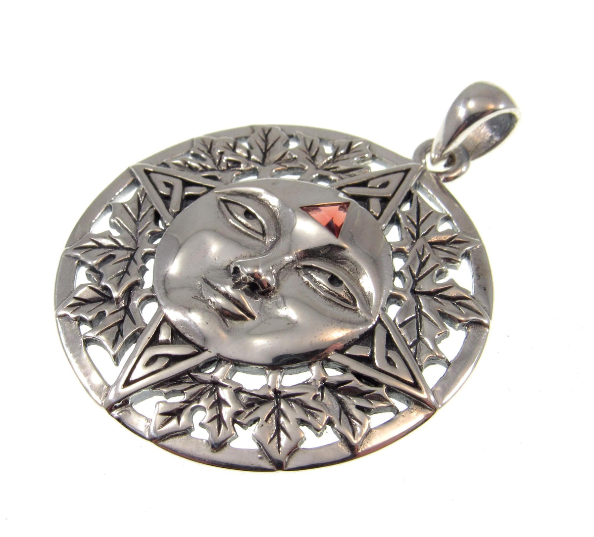 Solid 925 Sterling Silver Autumn Sun Face Pendant with Garnet, Celtic Leaf Solar Talisman