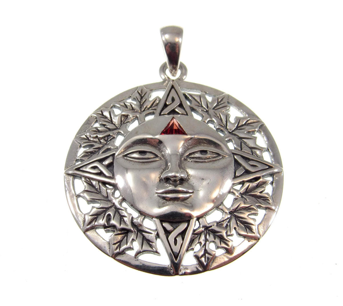 Solid 925 Sterling Silver Autumn Sun Face Pendant with Garnet, Celtic Leaf Solar Talisman