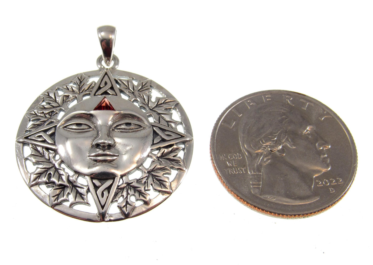 Solid 925 Sterling Silver Autumn Sun Face Pendant with Garnet, Celtic Leaf Solar Talisman