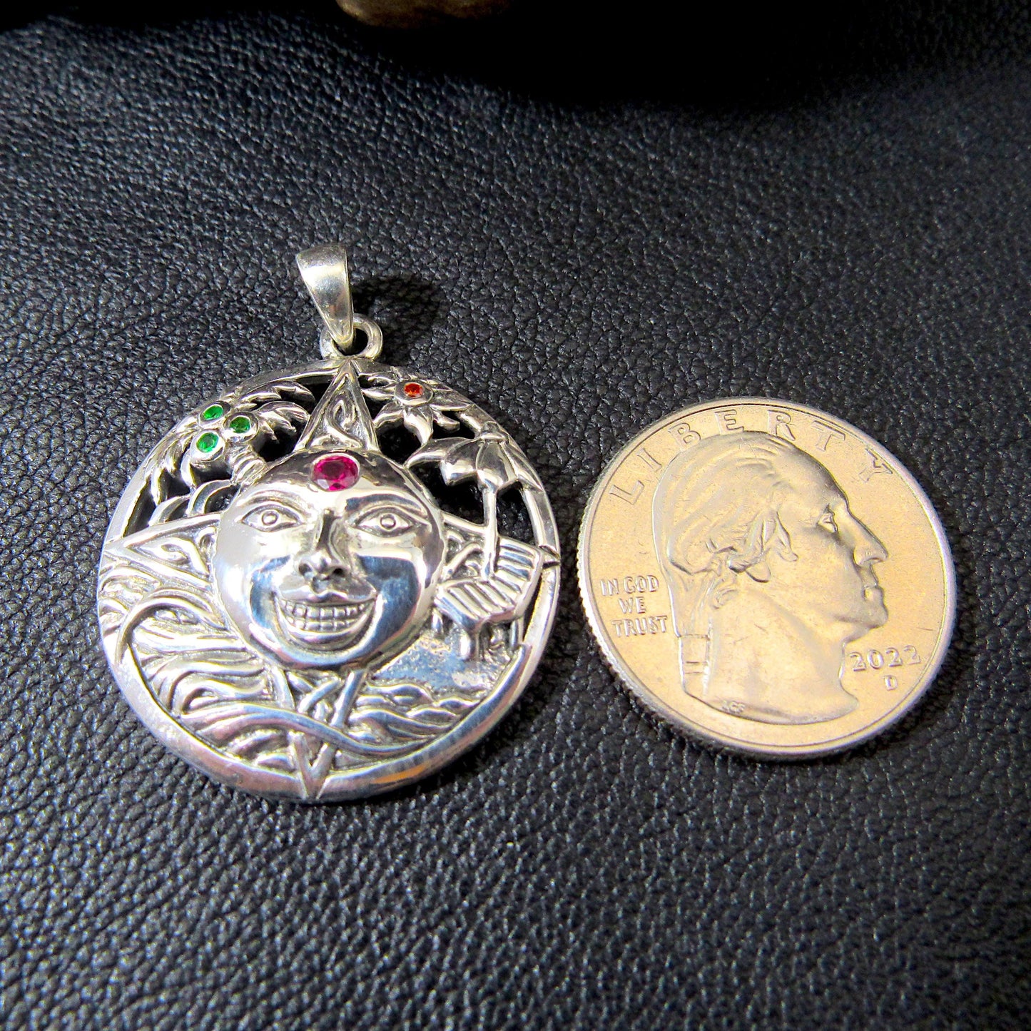 Solid 925 Sterling Silver Sun Face Pendant – Handcrafted Red Ruby Solar Talisman, Summer Witchcore Jewelry, Boho Pagan Celestial Amulet