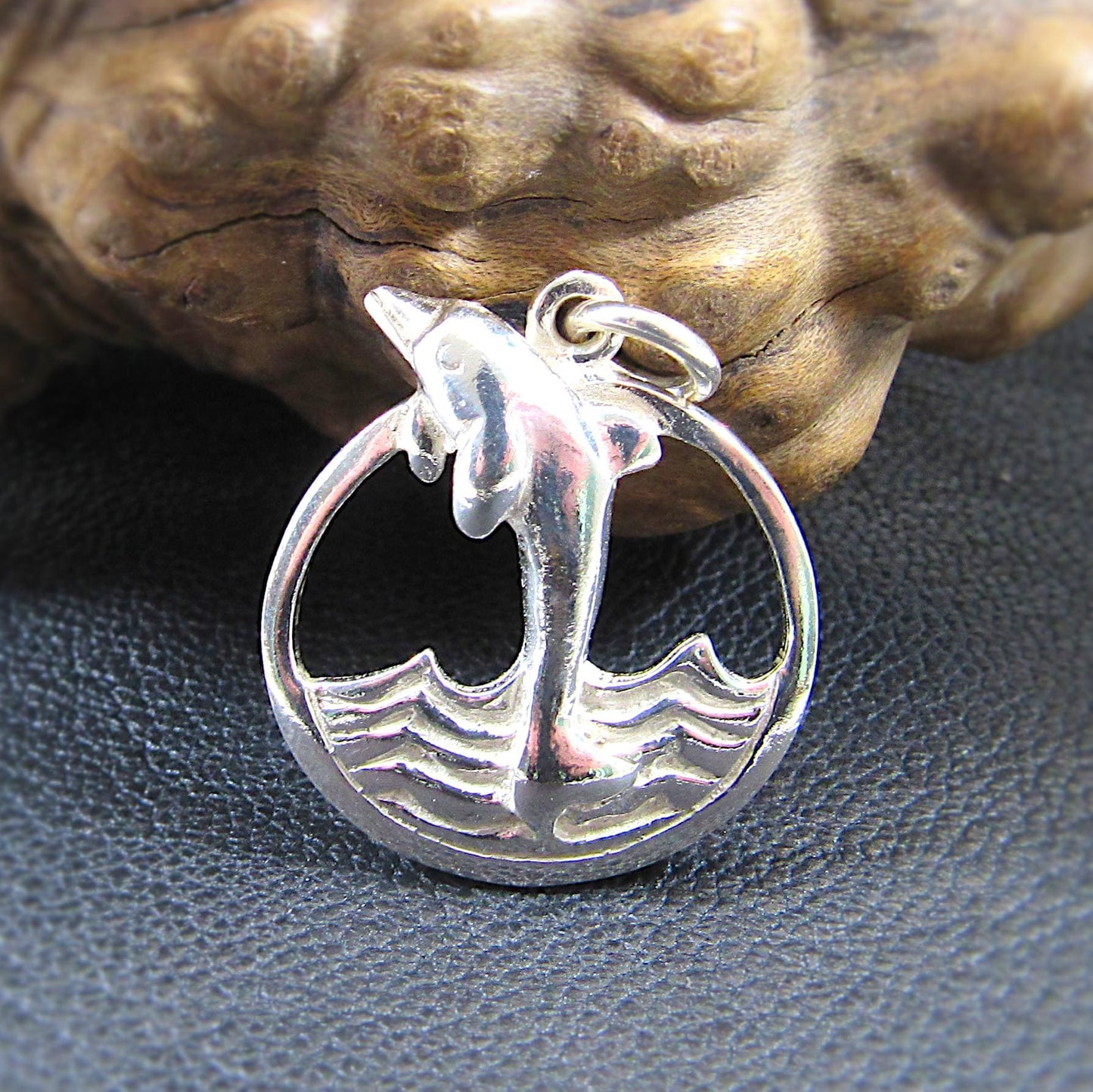 Solid 925 Sterling Silver Dolphin Pendant – Ocean Jewelry - Jumping Dolphins & Waves Charm