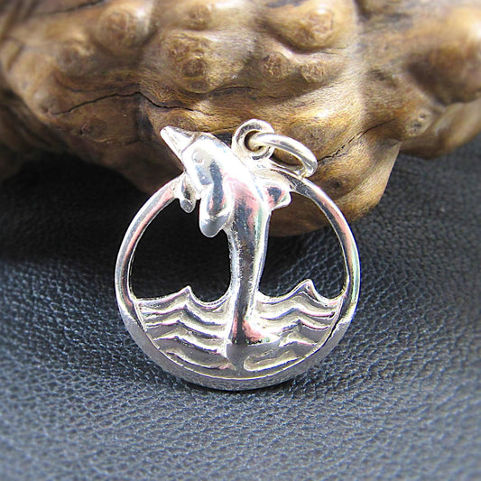 Solid 925 Sterling Silver Dolphin Pendant – Ocean Jewelry - Jumping Dolphins & Waves Charm