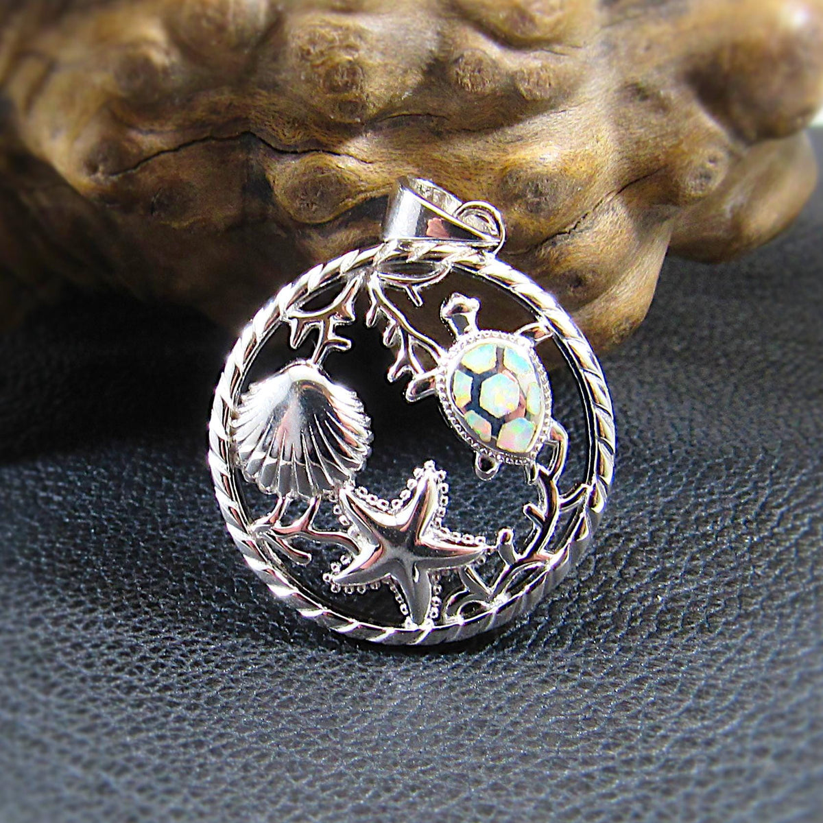 Sterling Silver Sea Life Pendant with Blue or White Lab Opal – Turtle, Starfish & Seashell Ocean Necklace Charm, Nautical Jewelry Gift