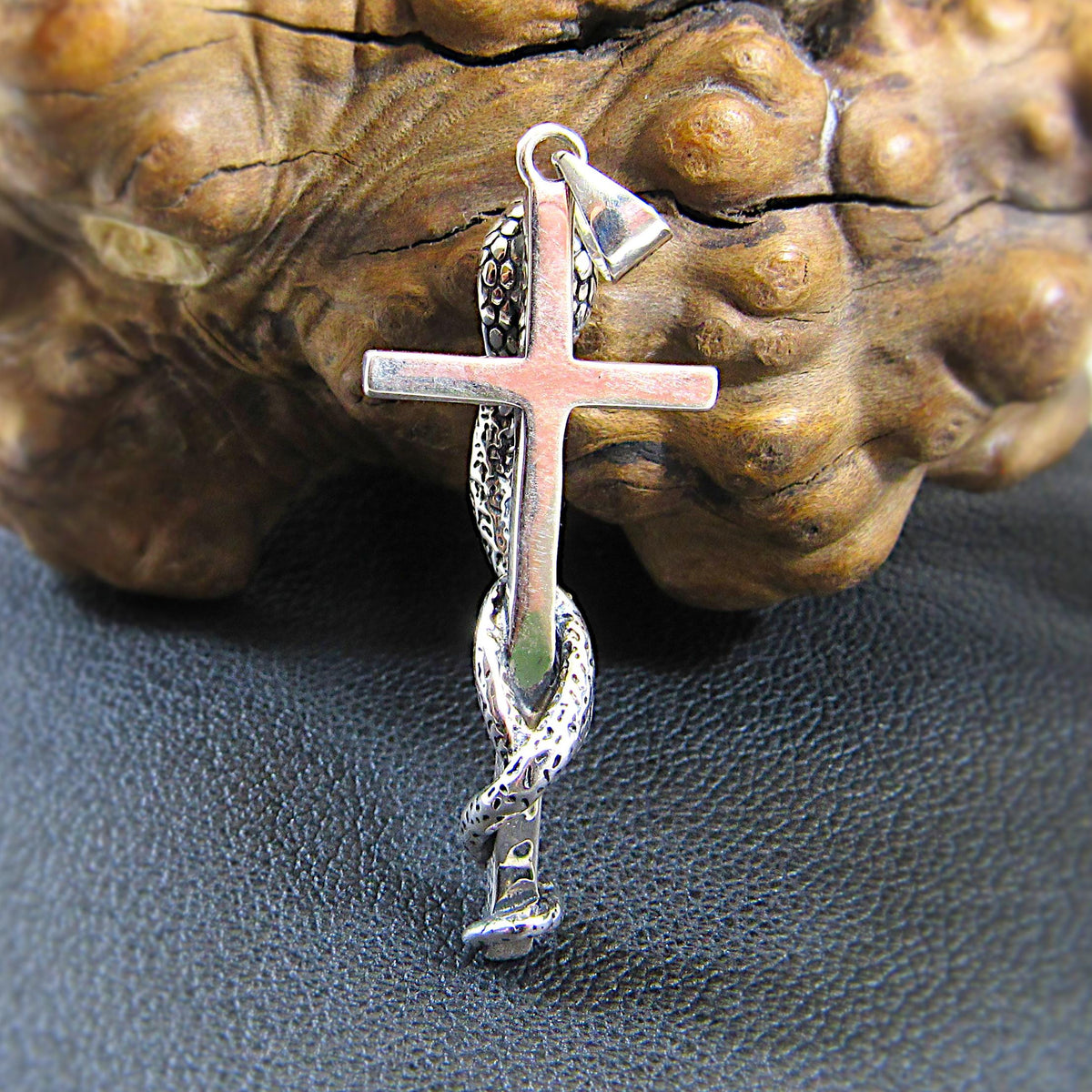 Solid 925 Sterling Silver Cobra Cross Pendant – Gothic Snake & Skull Necklace Pendant, Dark Symbolism Jewelry, Biker and Viking Amulet
