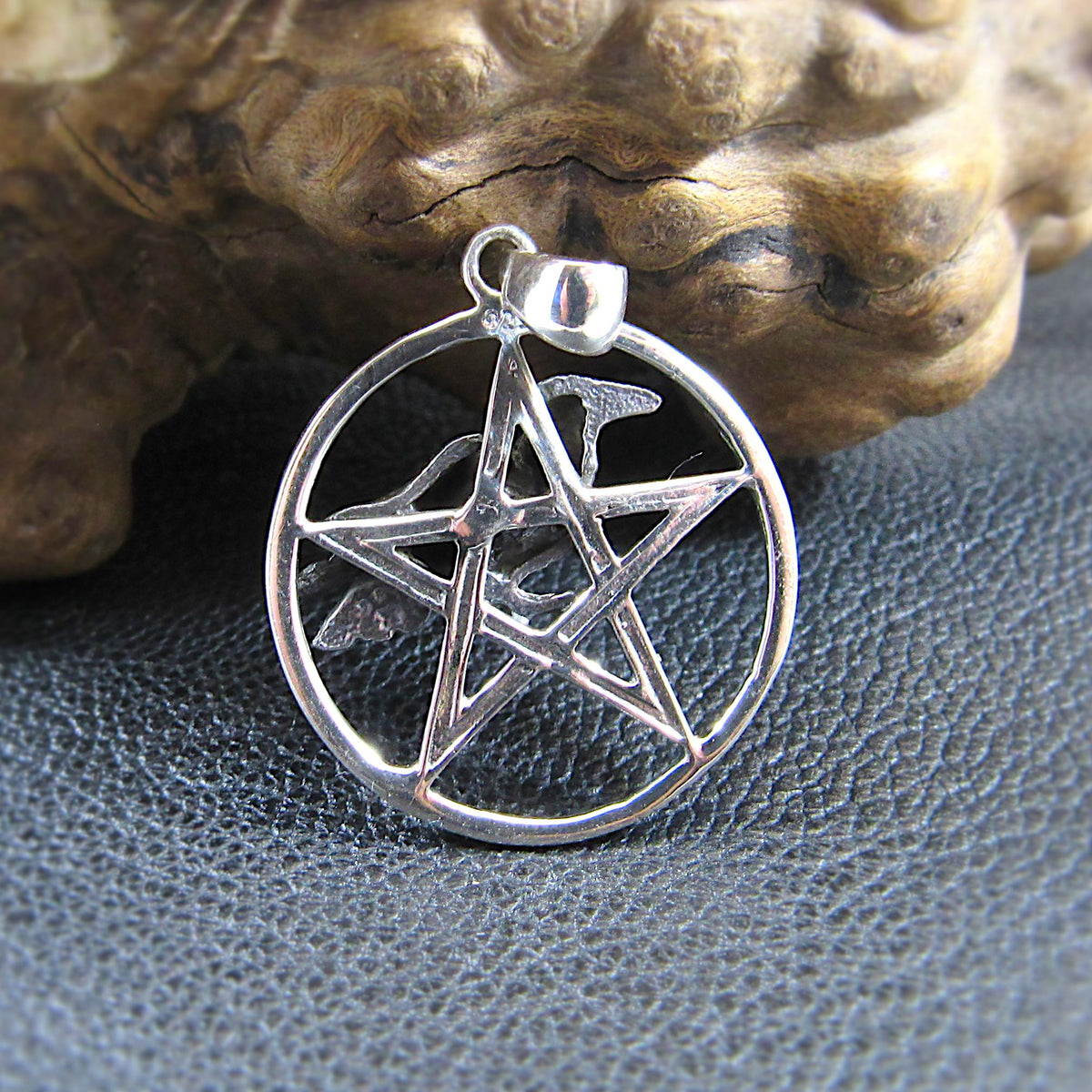 Solid 925 Sterling Silver Raven Pentagram Pendant - Gothic Crow Charm