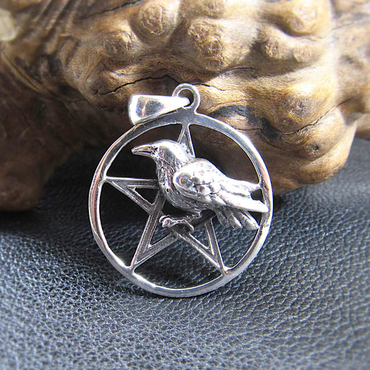 Solid 925 Sterling Silver Raven Pentagram Pendant - Gothic Crow Charm