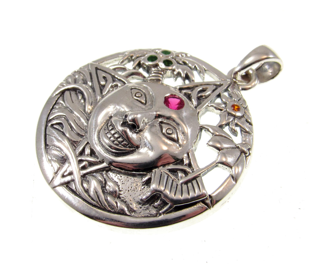 Solid 925 Sterling Silver Summer Sun Face Pendant with Ruby, Floral Solar Talisman
