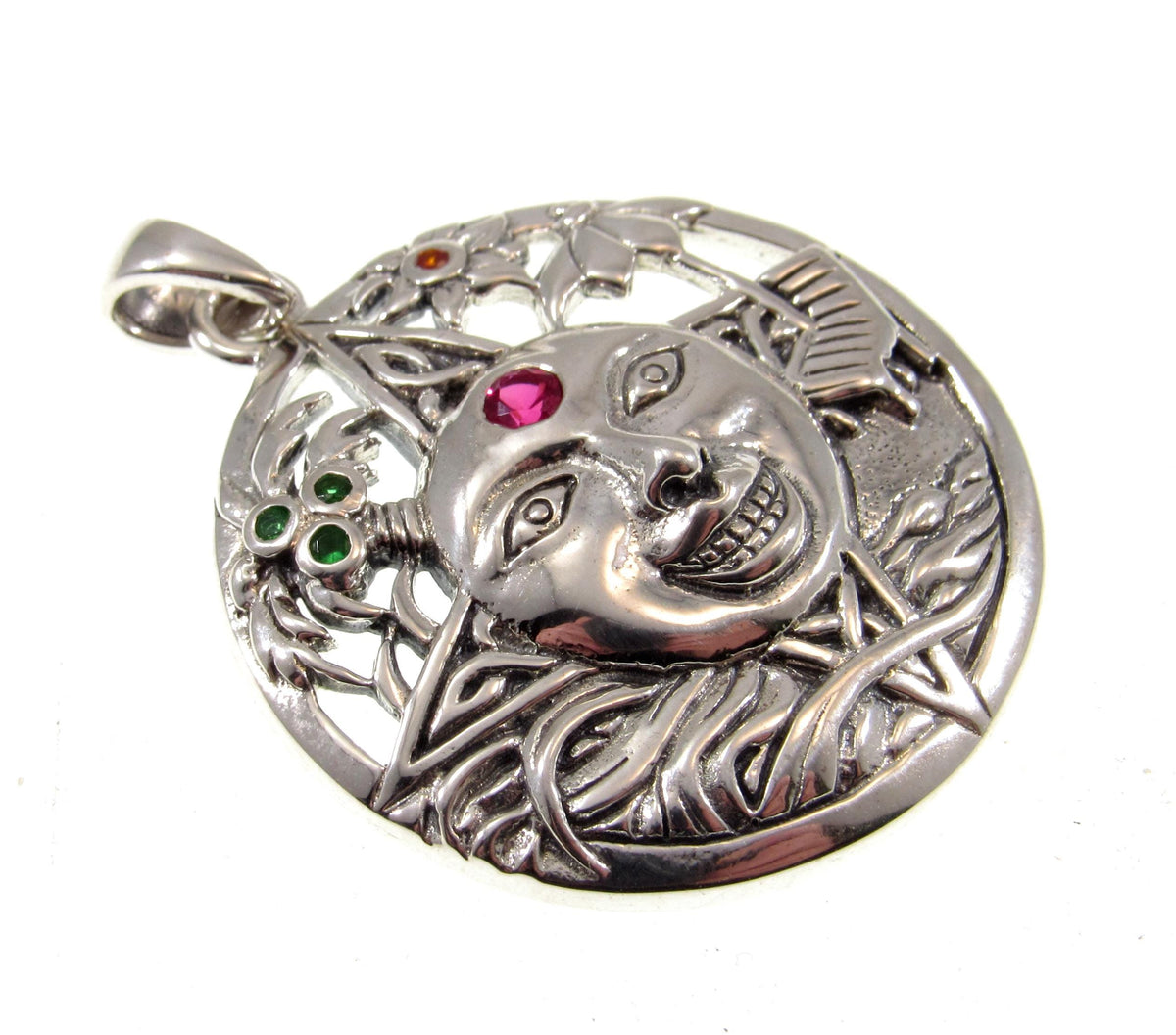 Solid 925 Sterling Silver Summer Sun Face Pendant with Ruby, Floral Solar Talisman