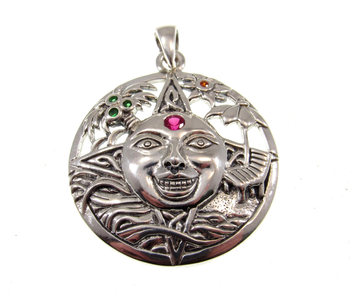 Solid 925 Sterling Silver Summer Sun Face Pendant with Ruby, Floral Solar Talisman