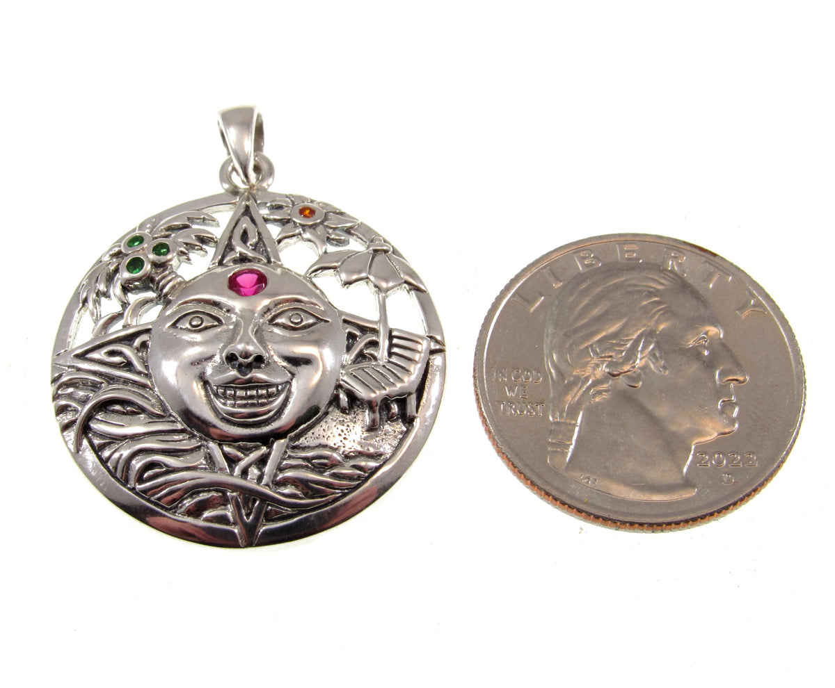 Solid 925 Sterling Silver Summer Sun Face Pendant with Ruby, Floral Solar Talisman