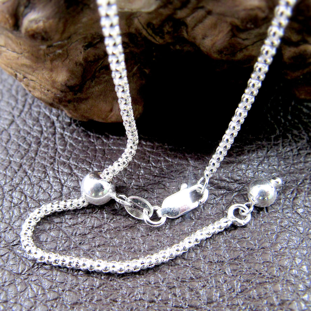 2MM Solid 925 Sterling Silver Adjustable Popcorn Chain, Slider Necklace for Pendants or Layering, Made in Italy, Minimalist 22" or 30" Chain