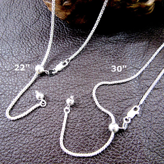 2MM Solid 925 Sterling Silver Adjustable Popcorn Chain, Slider Necklace for Pendants or Layering, Made in Italy, Minimalist 22" or 30" Chain