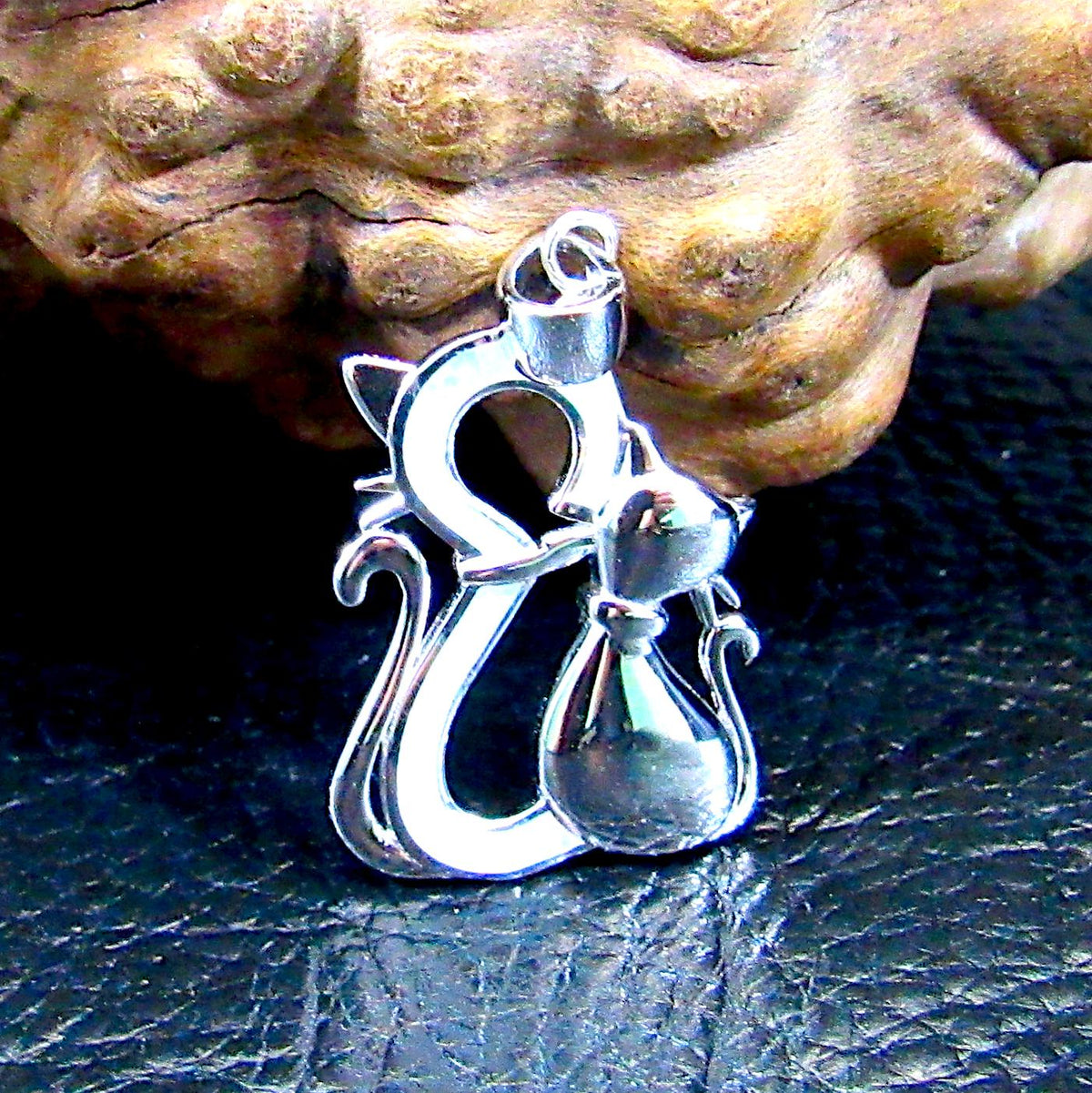 Solid 925 Sterling Silver & Lab-Created Blue or White Fire Opal Twin Cats Pendant, Handcrafted Feline Jewelry - Cat Lovers Necklace Charm