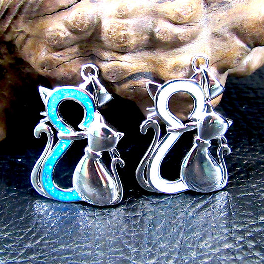 Solid 925 Sterling Silver & Lab-Created Blue or White Fire Opal Twin Cats Pendant, Handcrafted Feline Jewelry - Cat Lovers Necklace Charm
