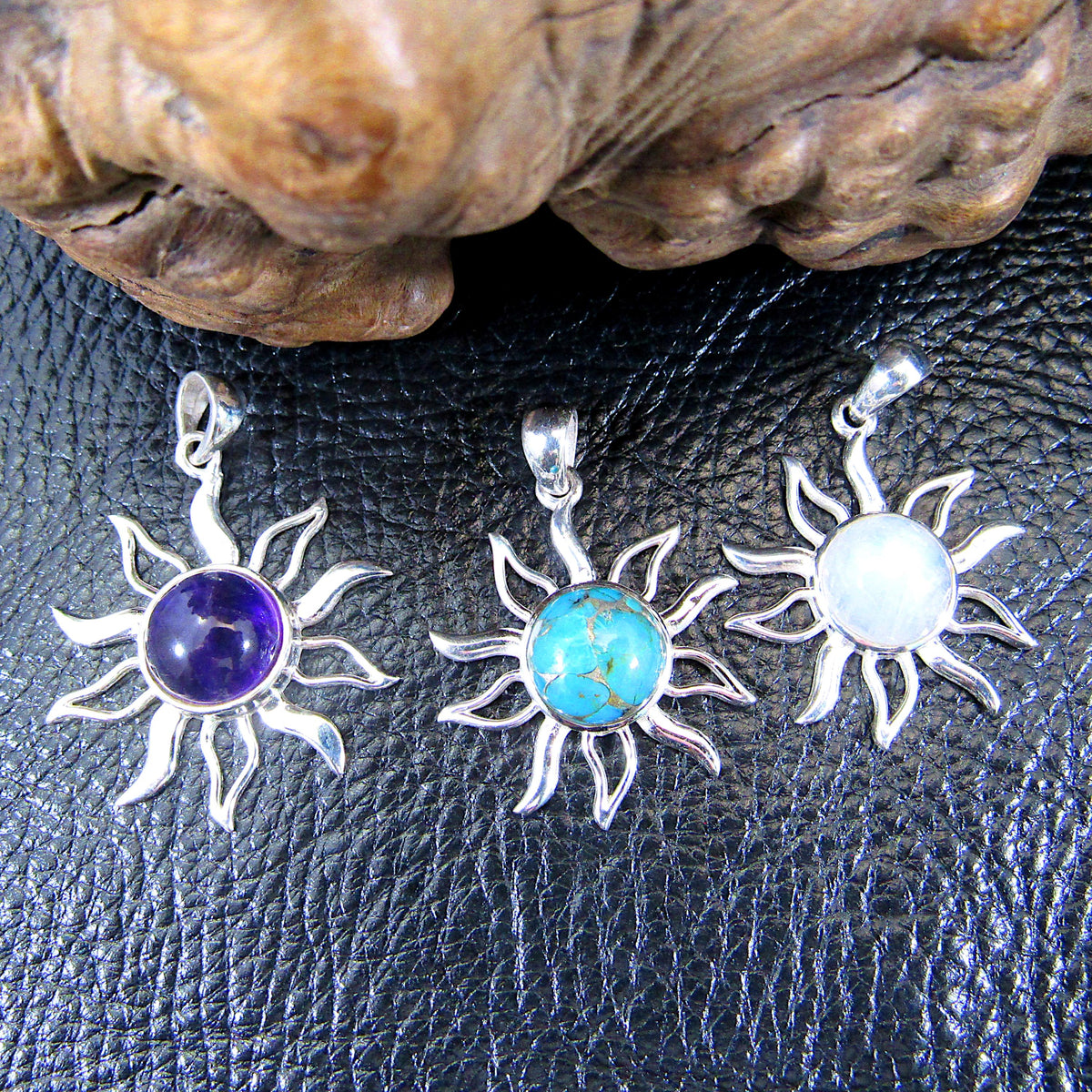 Solid 925 Sterling Silver Sunburst Pendant – Amethyst, Moonstone, or Copper Turquoise – Celestial Solar Jewelry, Witchy Protection Amulet