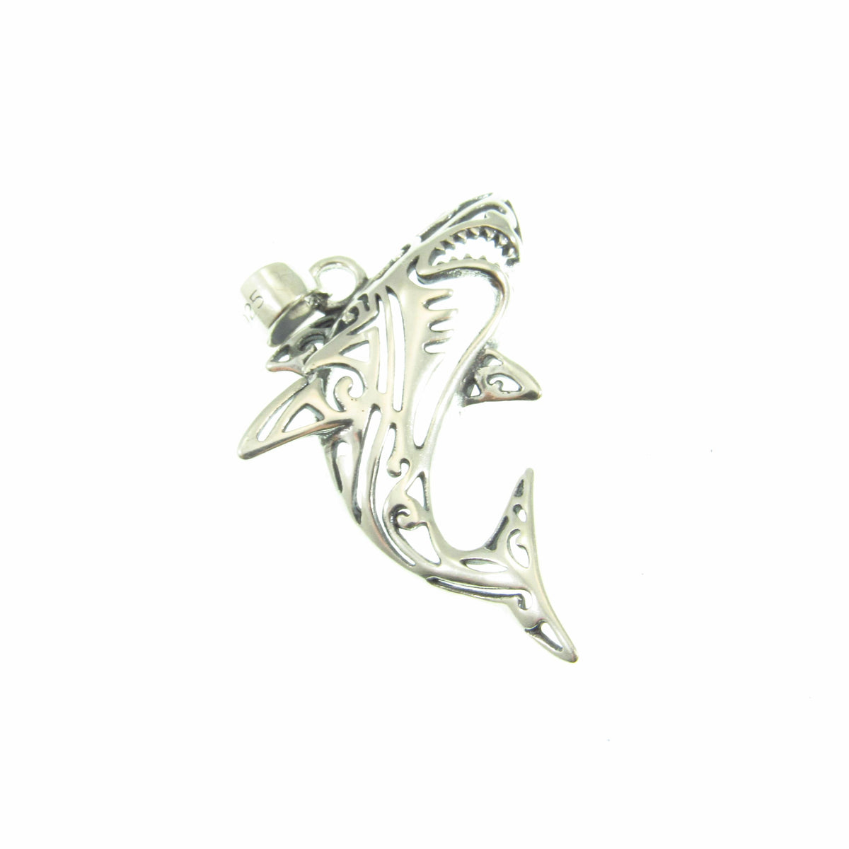 Solid 925 Sterling Silver Shark Pendant – Tribal Style Ocean Necklace Charm – Gift for Surfer