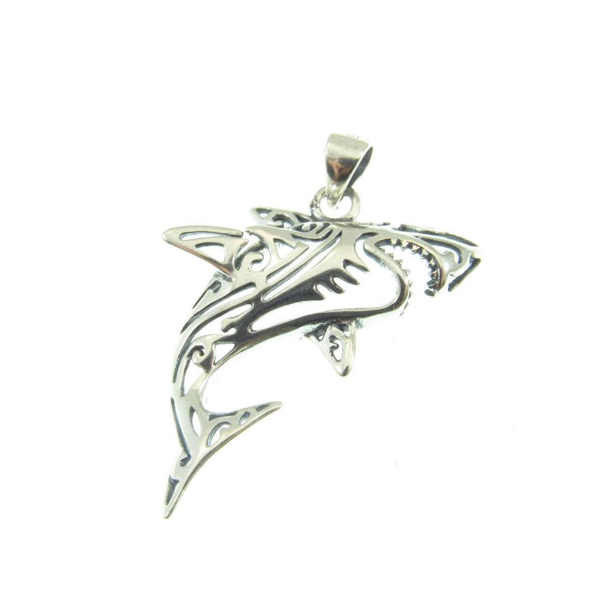 Solid 925 Sterling Silver Shark Pendant – Tribal Style Ocean Necklace Charm – Gift for Surfer