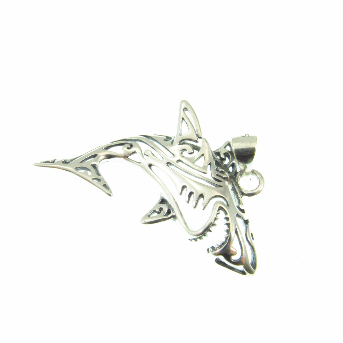 Solid 925 Sterling Silver Shark Pendant – Tribal Style Ocean Necklace Charm – Gift for Surfer