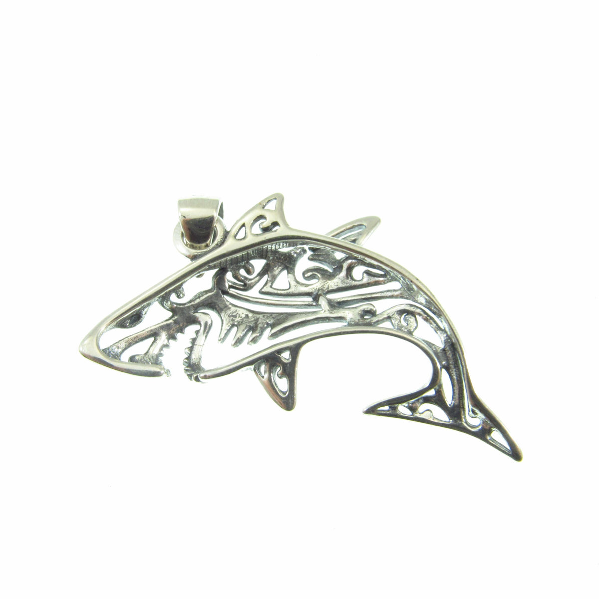 Solid 925 Sterling Silver Shark Pendant – Tribal Style Ocean Necklace Charm – Gift for Surfer
