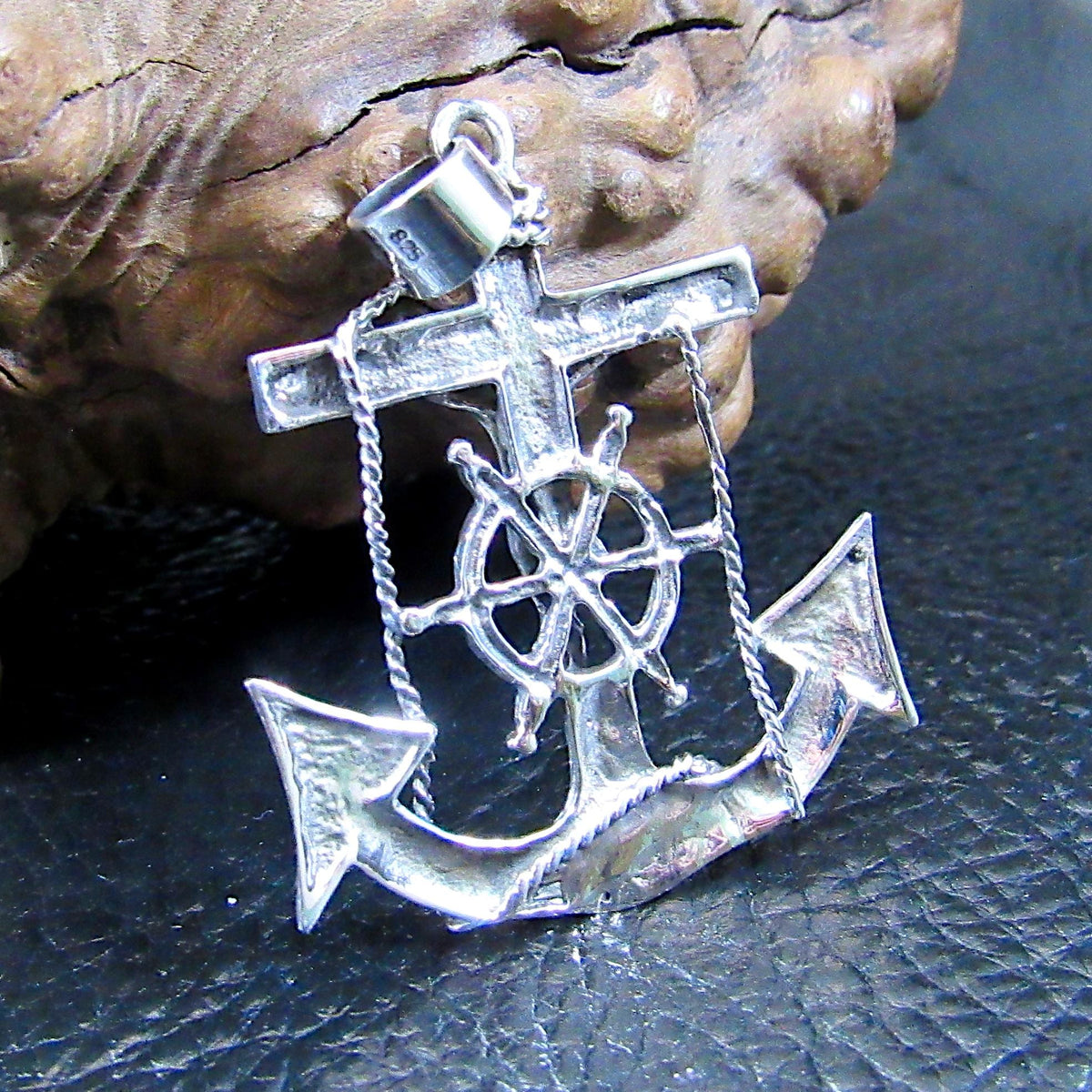 Solid 925 Sterling Silver Anchor Crucifix Pendant – Nautical Necklace Pendant, Jesus on Cross with Ship Helm, Faith & Maritime Jewelry