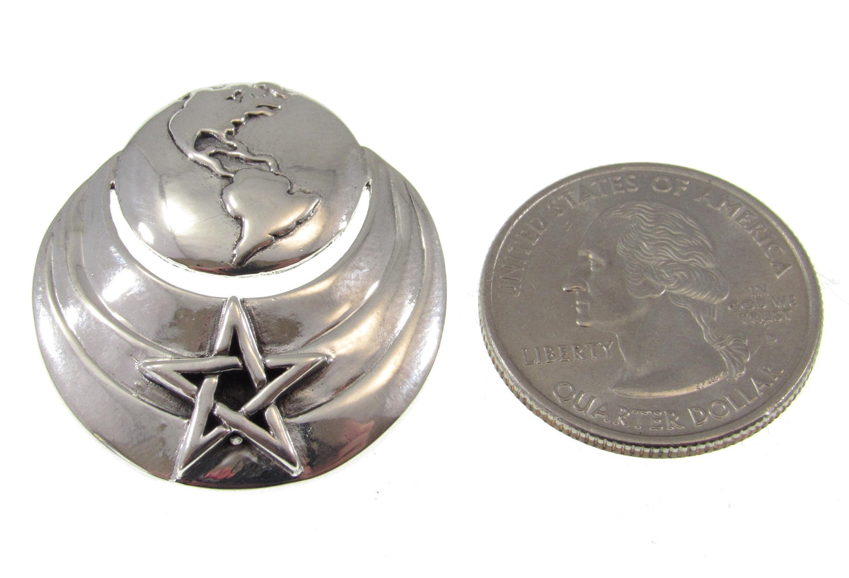 Solid 925 Sterling Silver Earth Moon Pentacle Star Pendant, Celestial Wiccan Cosmic Amulet Jewelry