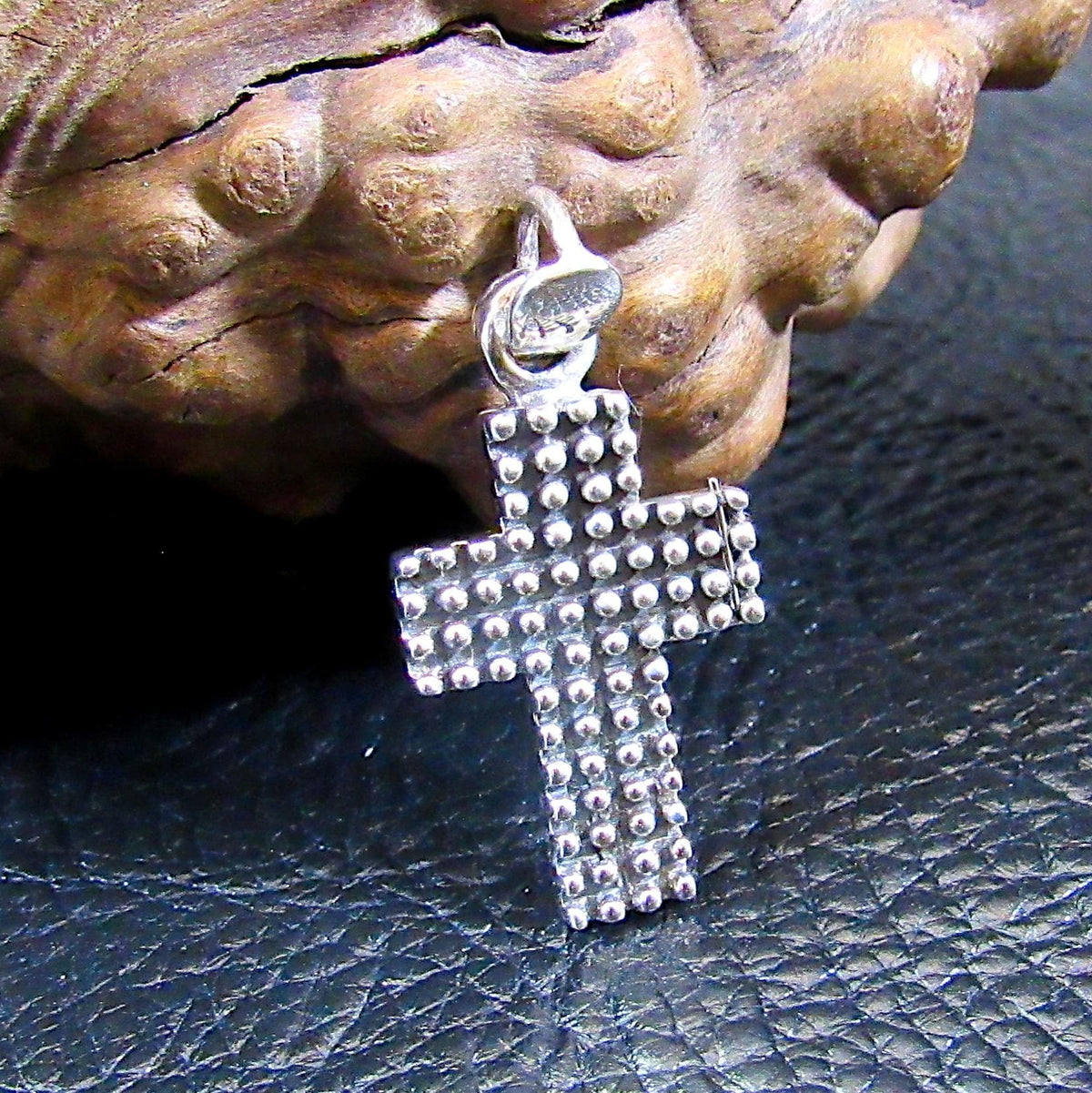 Solid 925 Sterling Silver Studded Cross - Textured Pendant, Handcrafted Religious Jewelry, Minimalist Christian Necklace Charm