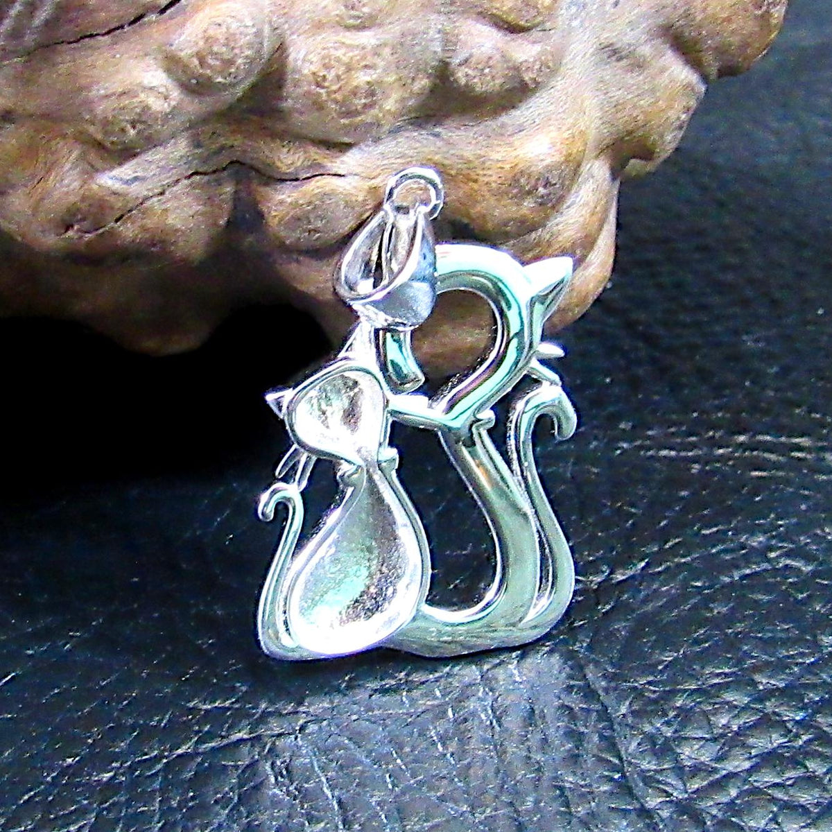 Solid 925 Sterling Silver & Lab-Created Blue or White Fire Opal Twin Cats Pendant, Handcrafted Feline Jewelry - Cat Lovers Necklace Charm