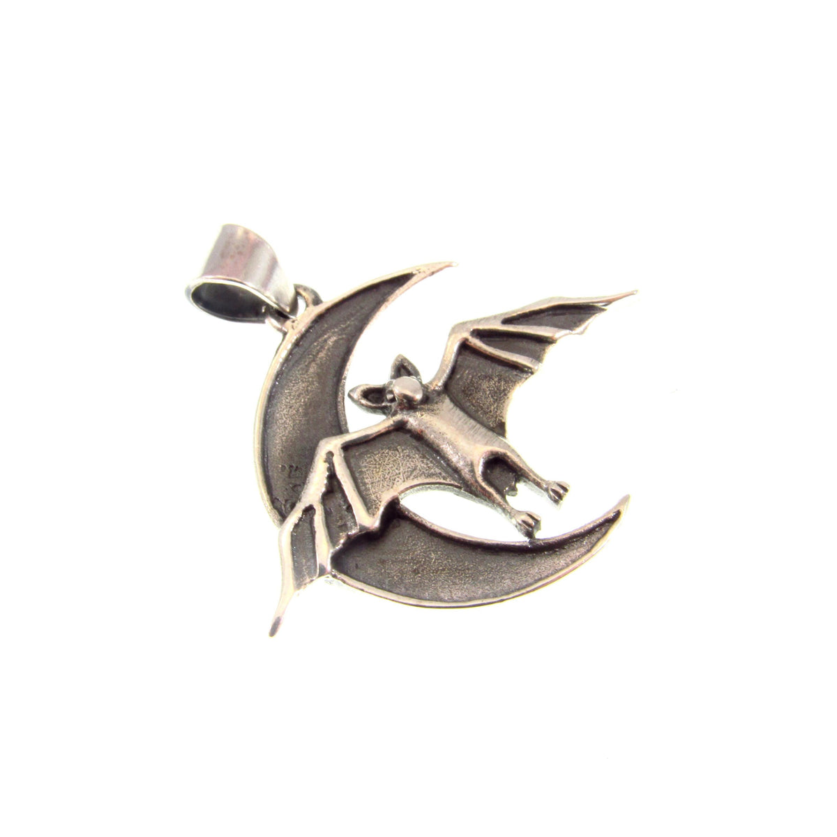 Solid 925 Sterling Silver Bat and Crescent Moon Pendant – Gothic Lunar Bat Necklace Amulet