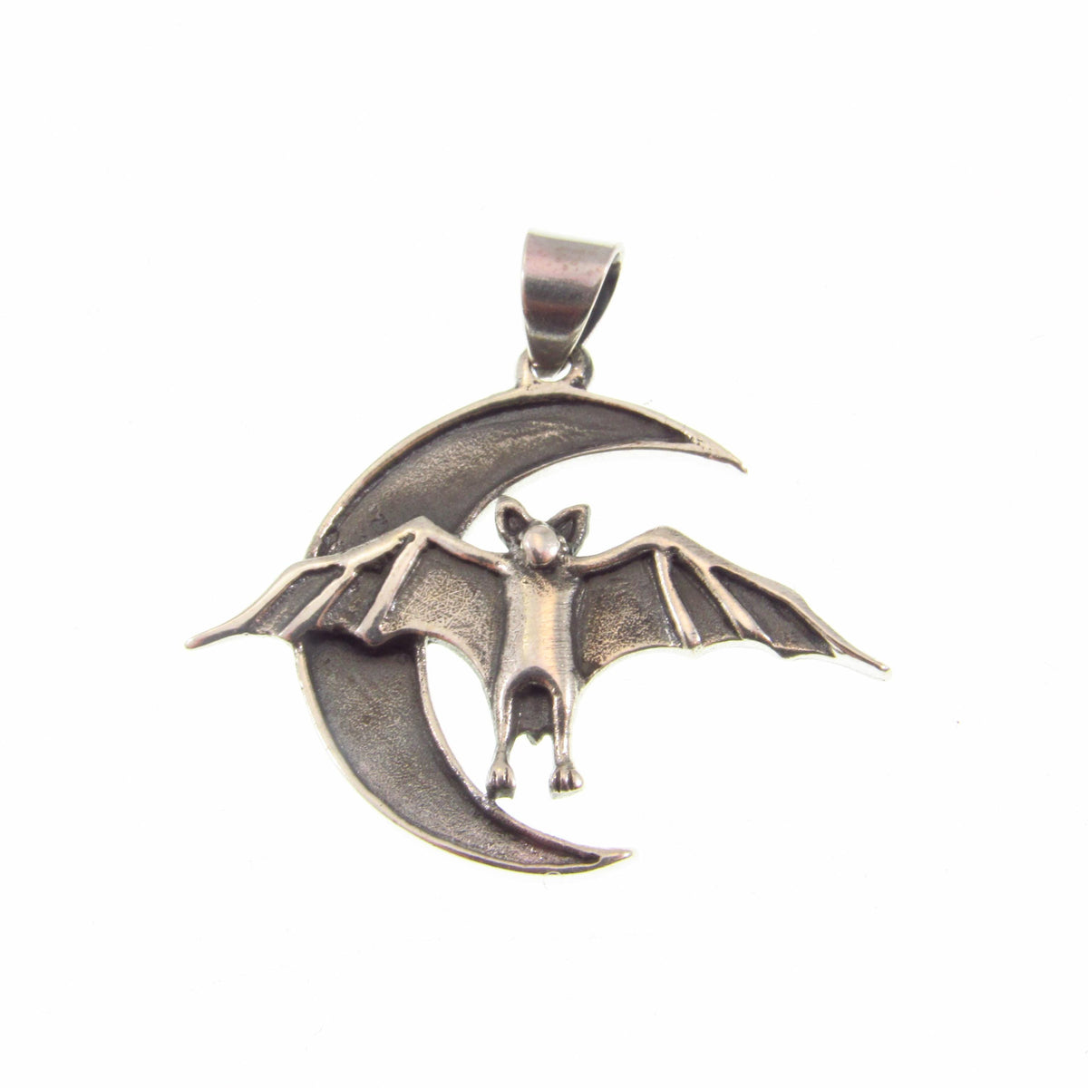 Solid 925 Sterling Silver Bat and Crescent Moon Pendant – Gothic Lunar Bat Necklace Amulet