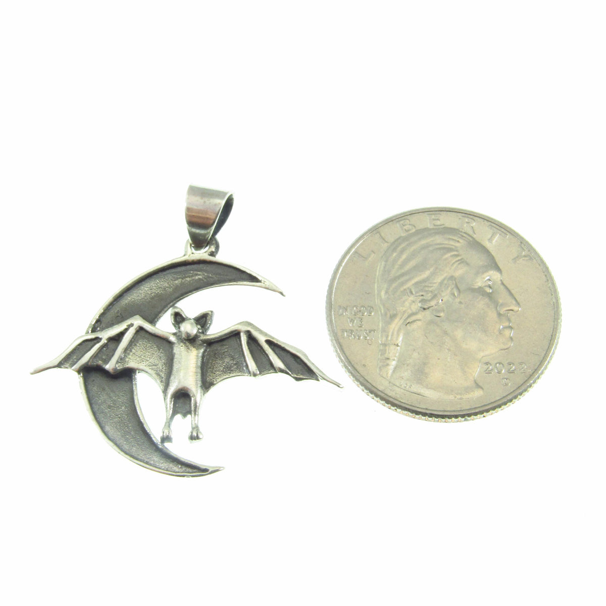 Solid 925 Sterling Silver Bat and Crescent Moon Pendant – Gothic Lunar Bat Necklace Amulet