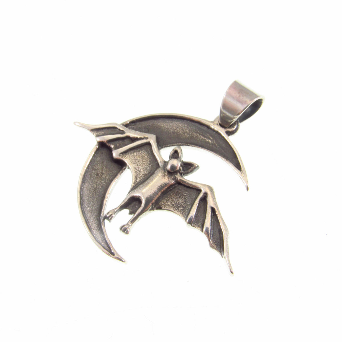 Solid 925 Sterling Silver Bat and Crescent Moon Pendant – Gothic Lunar Bat Necklace Amulet