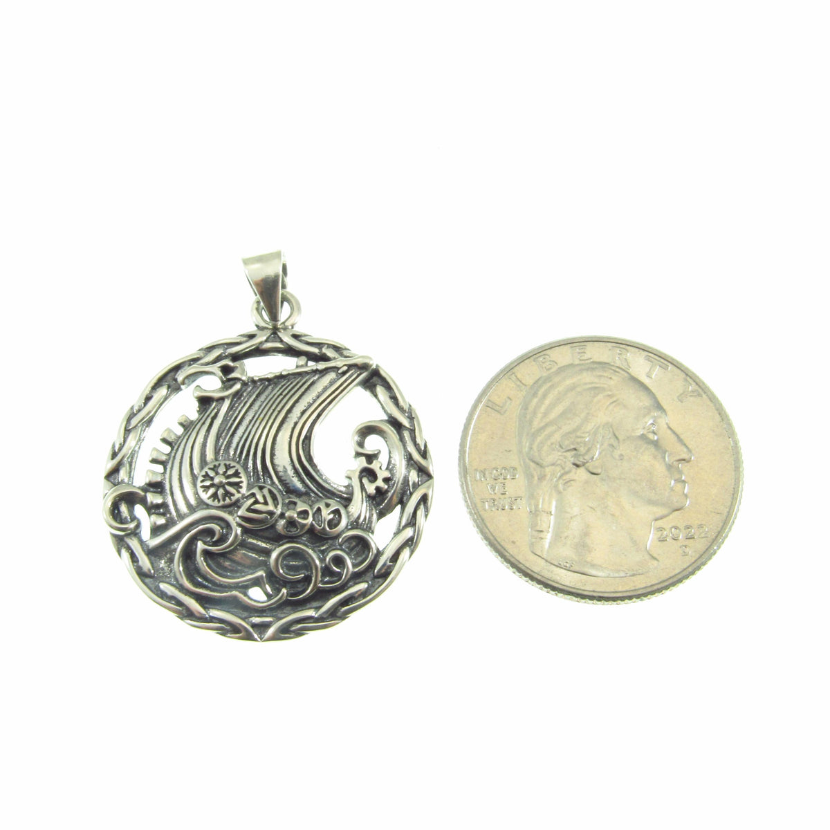 925 Viking Ship Pendant Necklace - Solid Sterling Silver Norse Longboat Ocean Scene Amulet