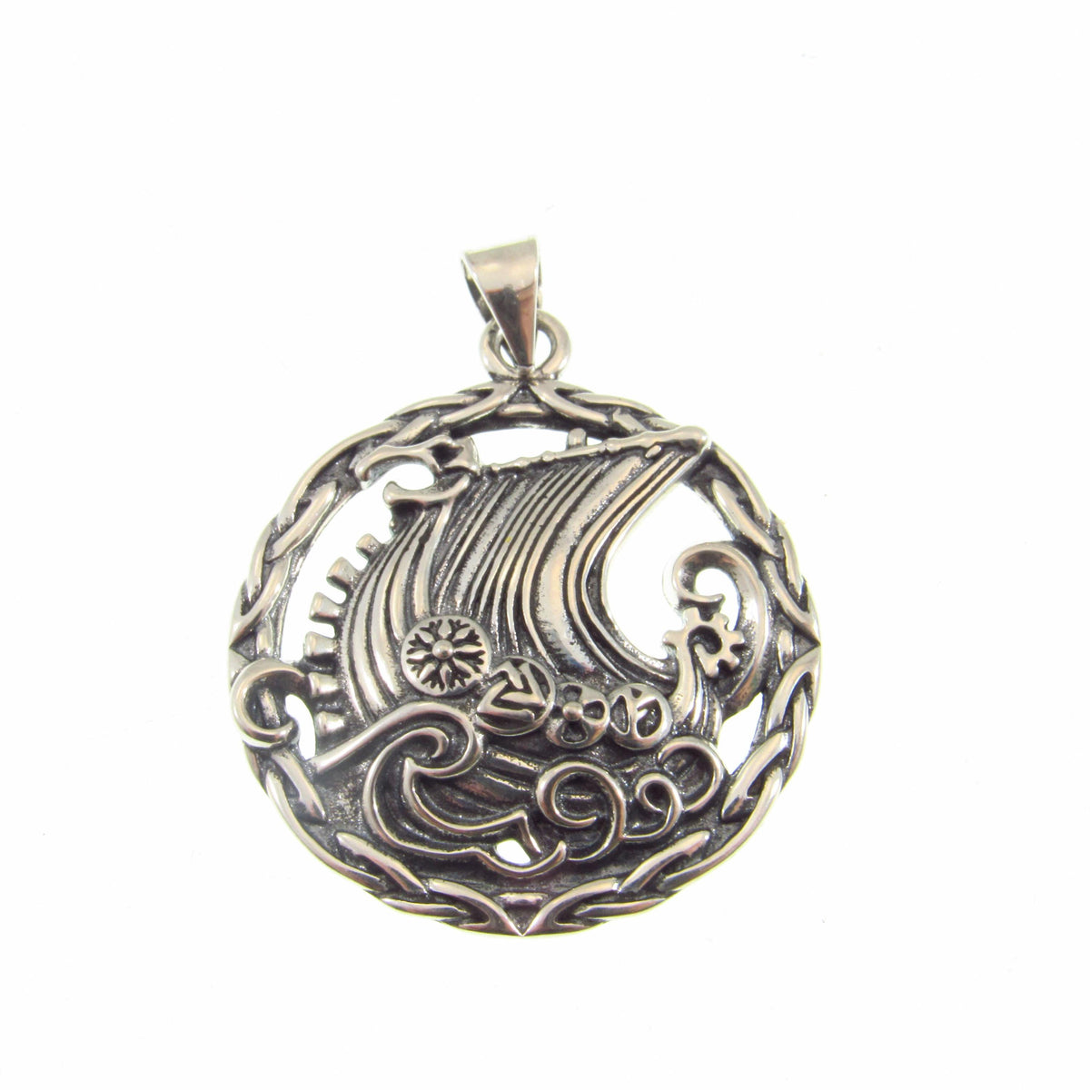 925 Viking Ship Pendant Necklace - Solid Sterling Silver Norse Longboat Ocean Scene Amulet