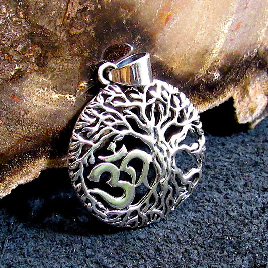 Solid 925 Sterling Silver Om Tree of Life Pendant – Naturecore Necklace Charm – Hindu Yoga Jewelry – Meditation Gift – Sacred Symbol Charm