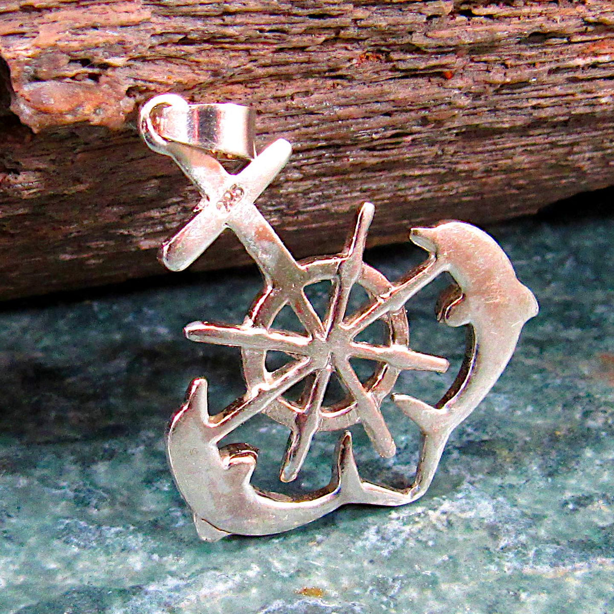 Solid 925 Sterling Silver Ship's Helm, Dolphins, & Anchor Pendant - Nautical Jewelry for Men