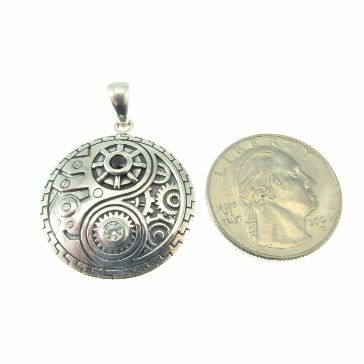 Solid 925 Sterling Silver Steampunk Yin Yang Pendant with Gears and Black & White Gemstones, Industrial Mechanical Jewelry Pendant Necklace