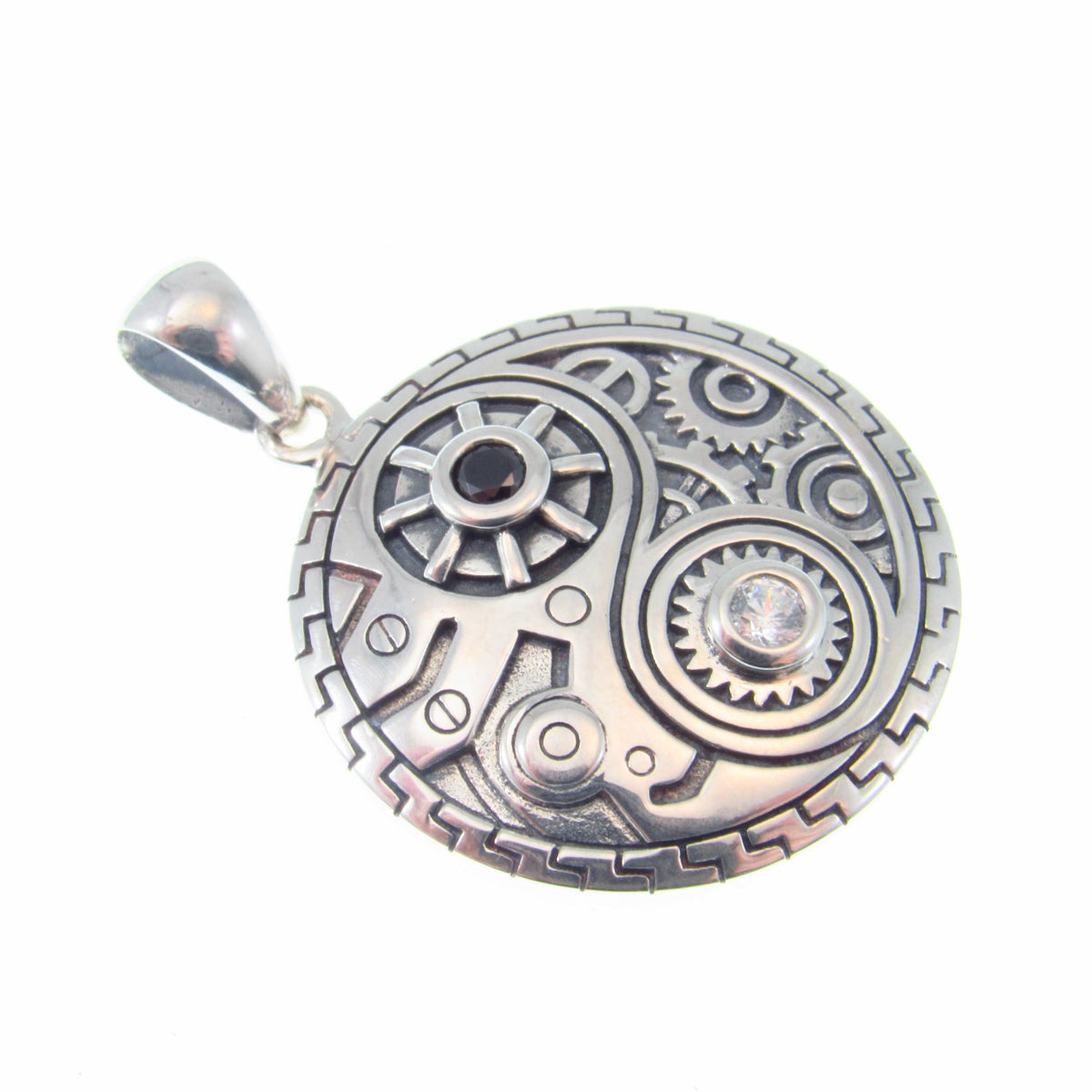 Solid 925 Sterling Silver Steampunk Yin Yang Pendant with Gears and Black & White Gemstones, Industrial Mechanical Jewelry Pendant Necklace