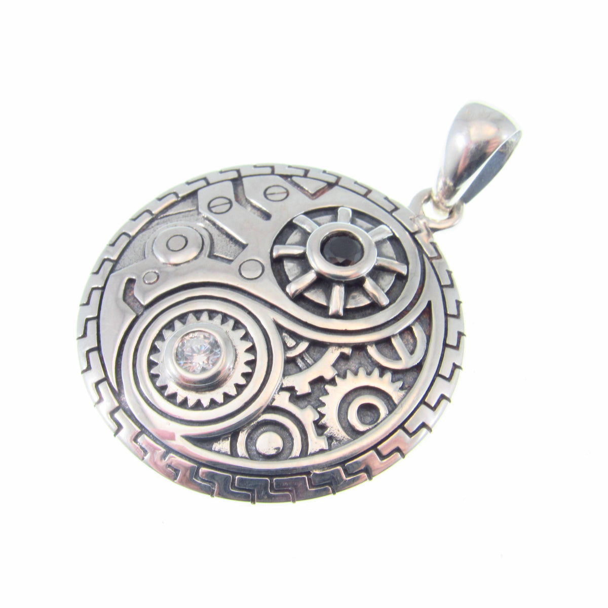 Solid 925 Sterling Silver Steampunk Yin Yang Pendant with Gears and Black & White Gemstones, Industrial Mechanical Jewelry Pendant Necklace