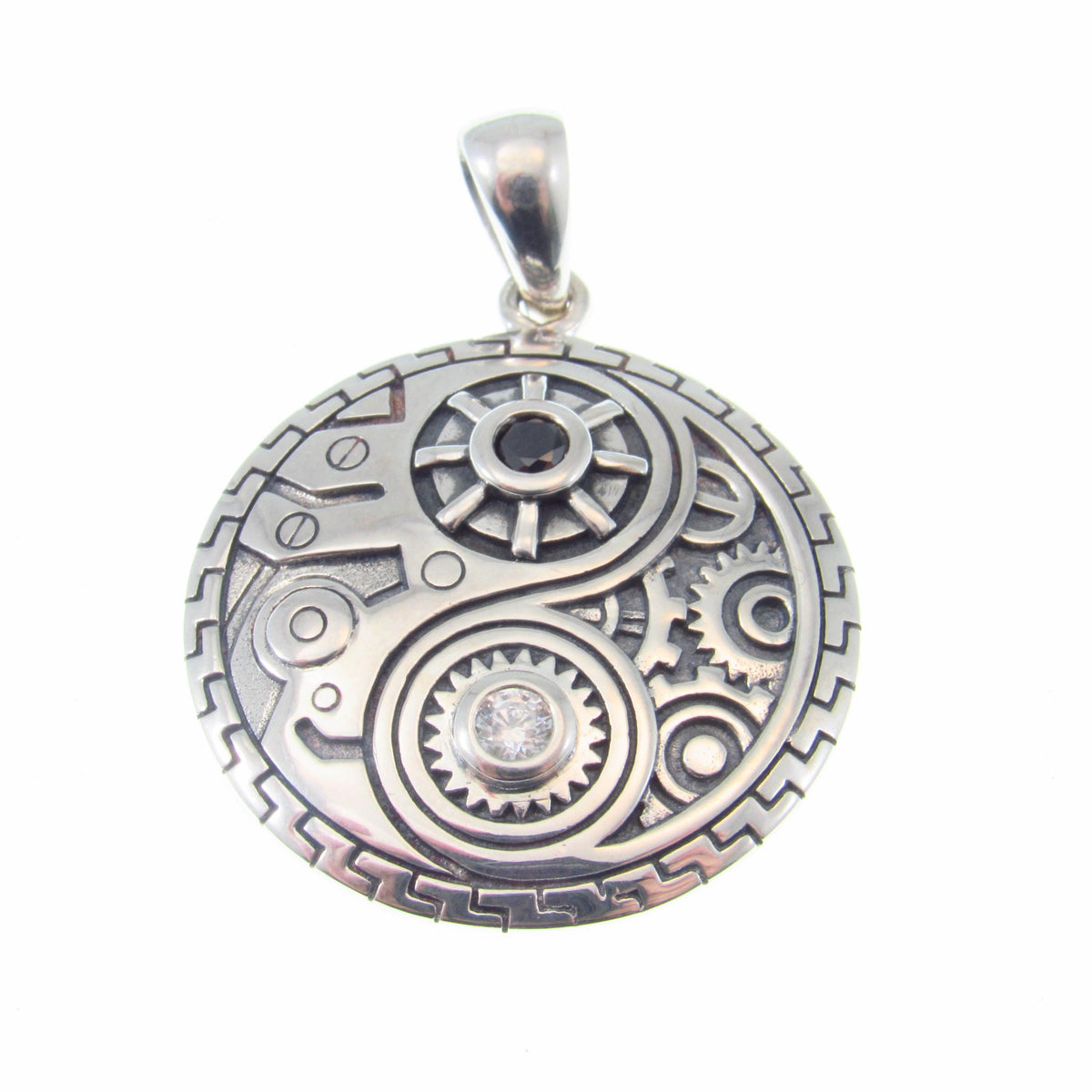Solid 925 Sterling Silver Steampunk Yin Yang Pendant with Gears and Black & White Gemstones, Industrial Mechanical Jewelry Pendant Necklace