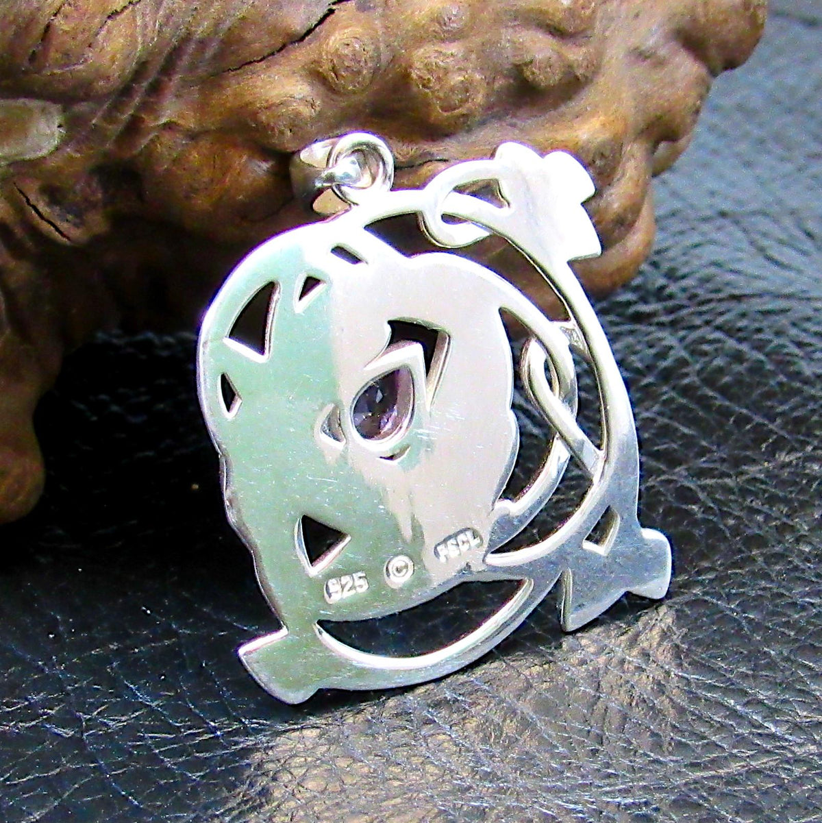 Solid 925 Sterling Silver Red Enamel Flower Pendant with Amethyst or Garnet, Celtic Art Nouveau Jewelry Necklace Amulet with Flowing Swirls