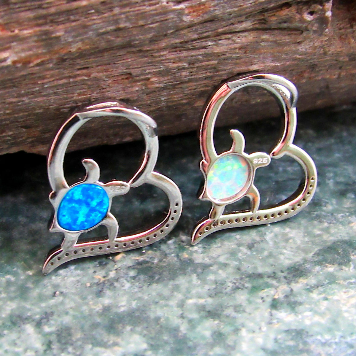 Solid 925 Sterling Silver and Blue or White Opal Turtle Heart Pendant, Engraved "I Love You to the Moon and Back" Handcrafted Jewelry