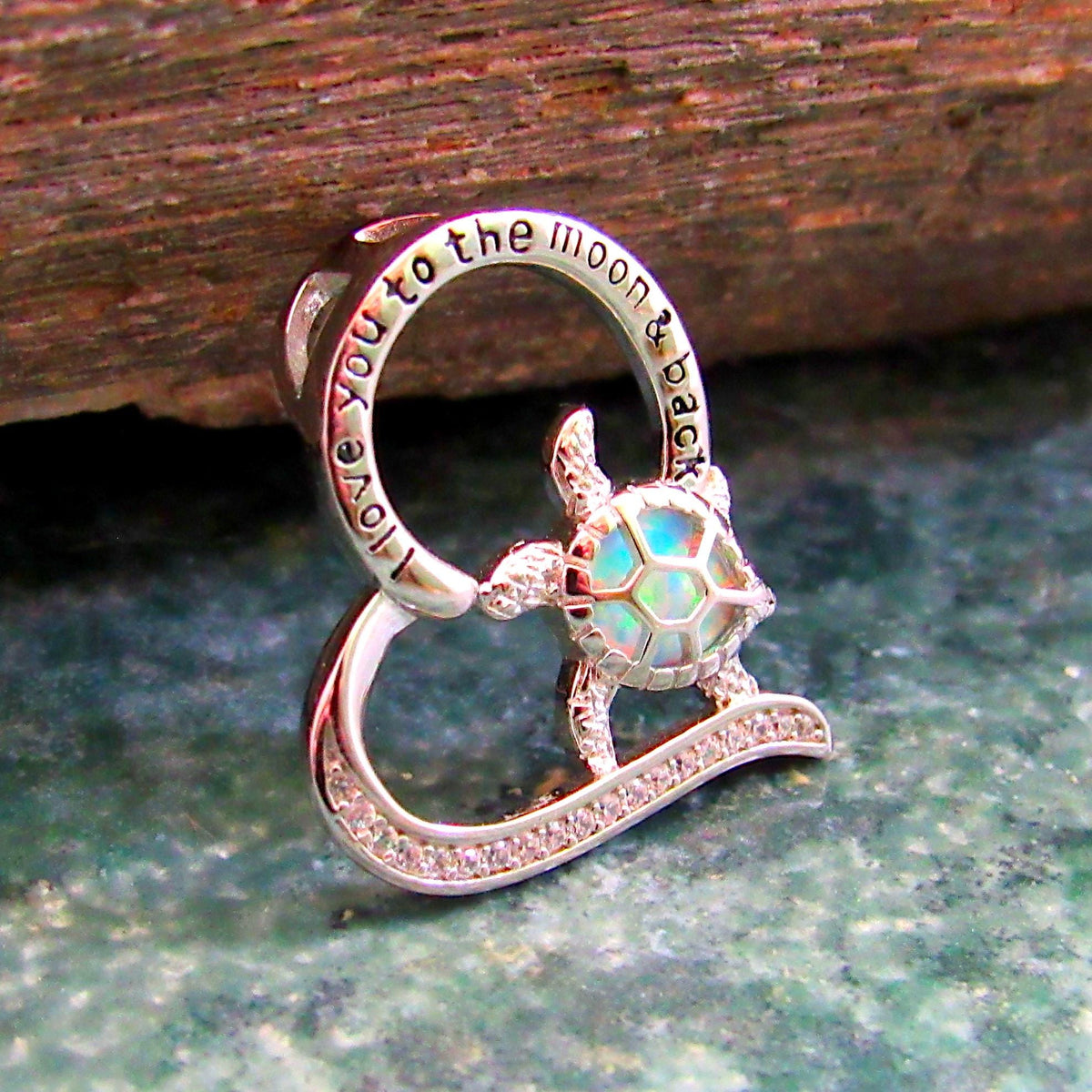 Solid 925 Sterling Silver and Blue or White Opal Turtle Heart Pendant, Engraved "I Love You to the Moon and Back" Handcrafted Jewelry