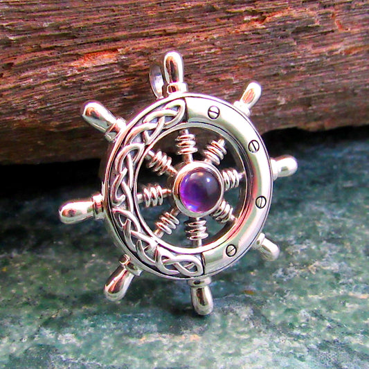 Solid 925 Sterling Silver Mens Ship Wheel Pendant with Celtic Knotwork, Helm Amulet, Nautical Ocean Jewelry, Gift for Sailors and Sea Lovers