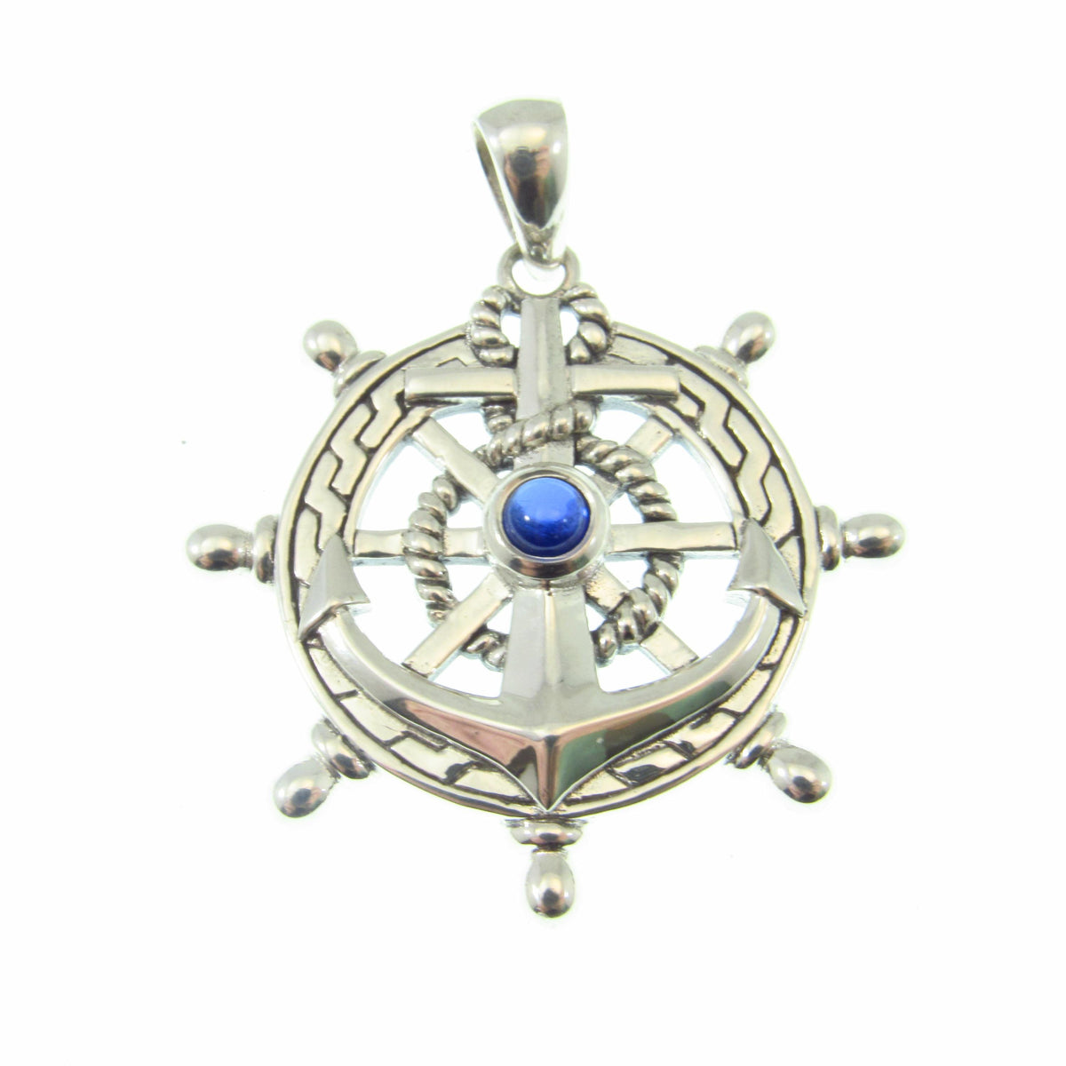 Solid 925 Sterling Silver Ship Wheel and Anchor Pendant, Blue Sapphire Gemstone, Nautical Compass & Helm Amulet, Sailcore Gift for Men
