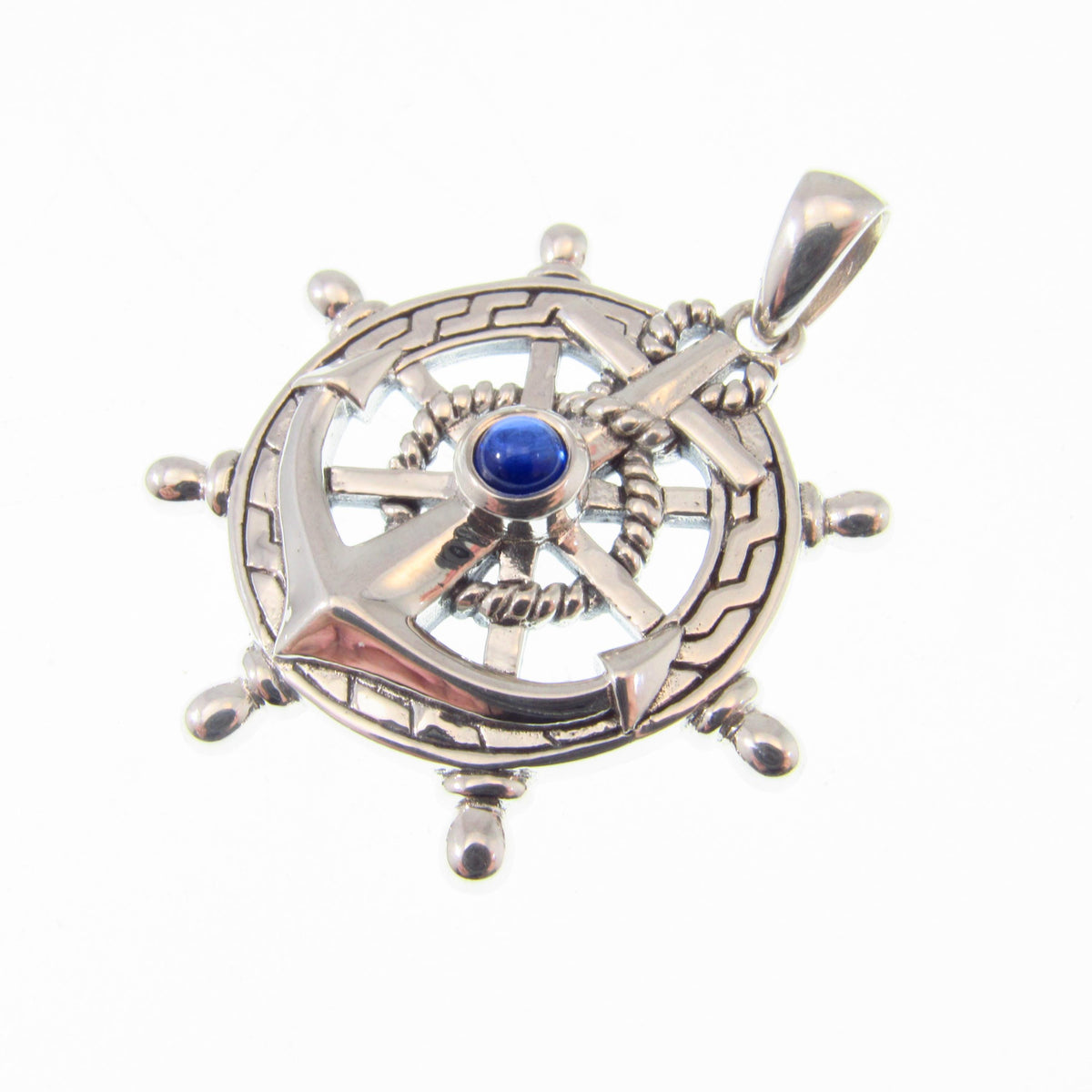 Solid 925 Sterling Silver Ship Wheel and Anchor Pendant, Blue Sapphire Gemstone, Nautical Compass & Helm Amulet, Sailcore Gift for Men