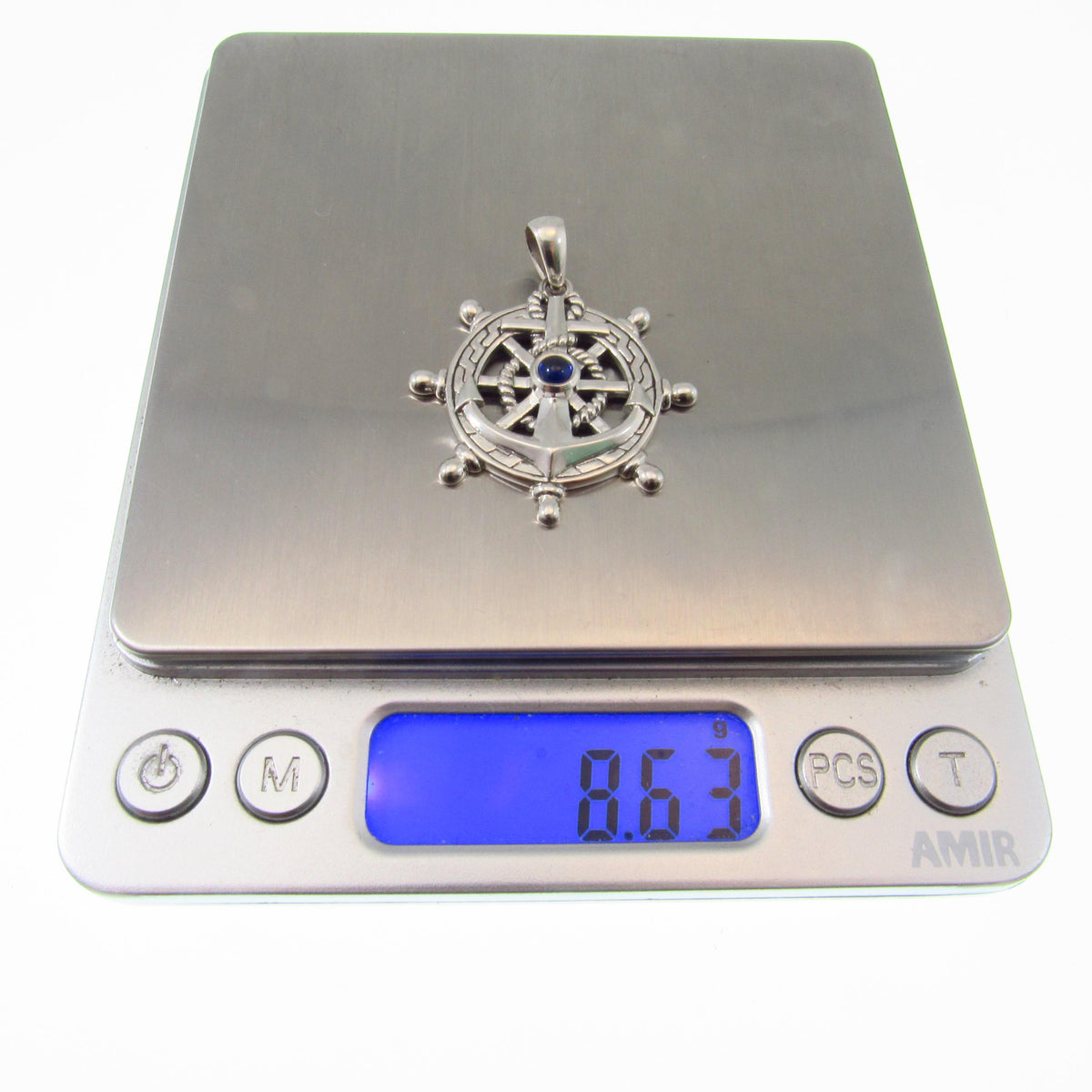 Solid 925 Sterling Silver Ship Wheel and Anchor Pendant, Blue Sapphire Gemstone, Nautical Compass & Helm Amulet, Sailcore Gift for Men