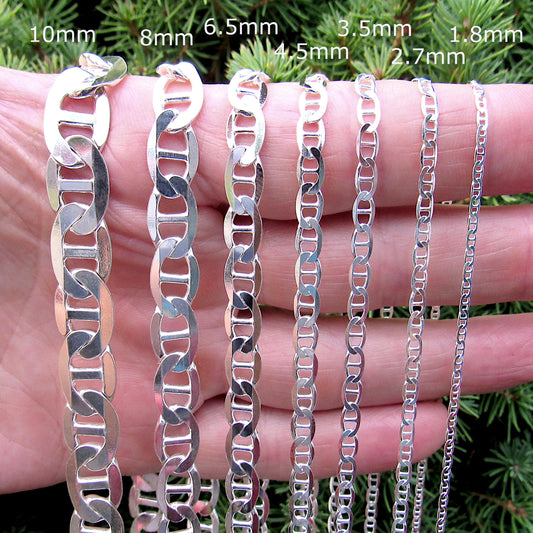 Solid 925 Sterling Silver Mariner Chain Necklace or Bracelet, Italian Anchor Link, Heavy Mens Nautical Jewelry Gift, 1.8mm-10mm. 7"-30"