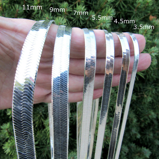 Solid 925 Sterling Silver Herringbone Chain Necklace / Bracelet, Unisex Italian Flat Snake Chain, 3.5mm - 11mm, 7 - 30 Inches