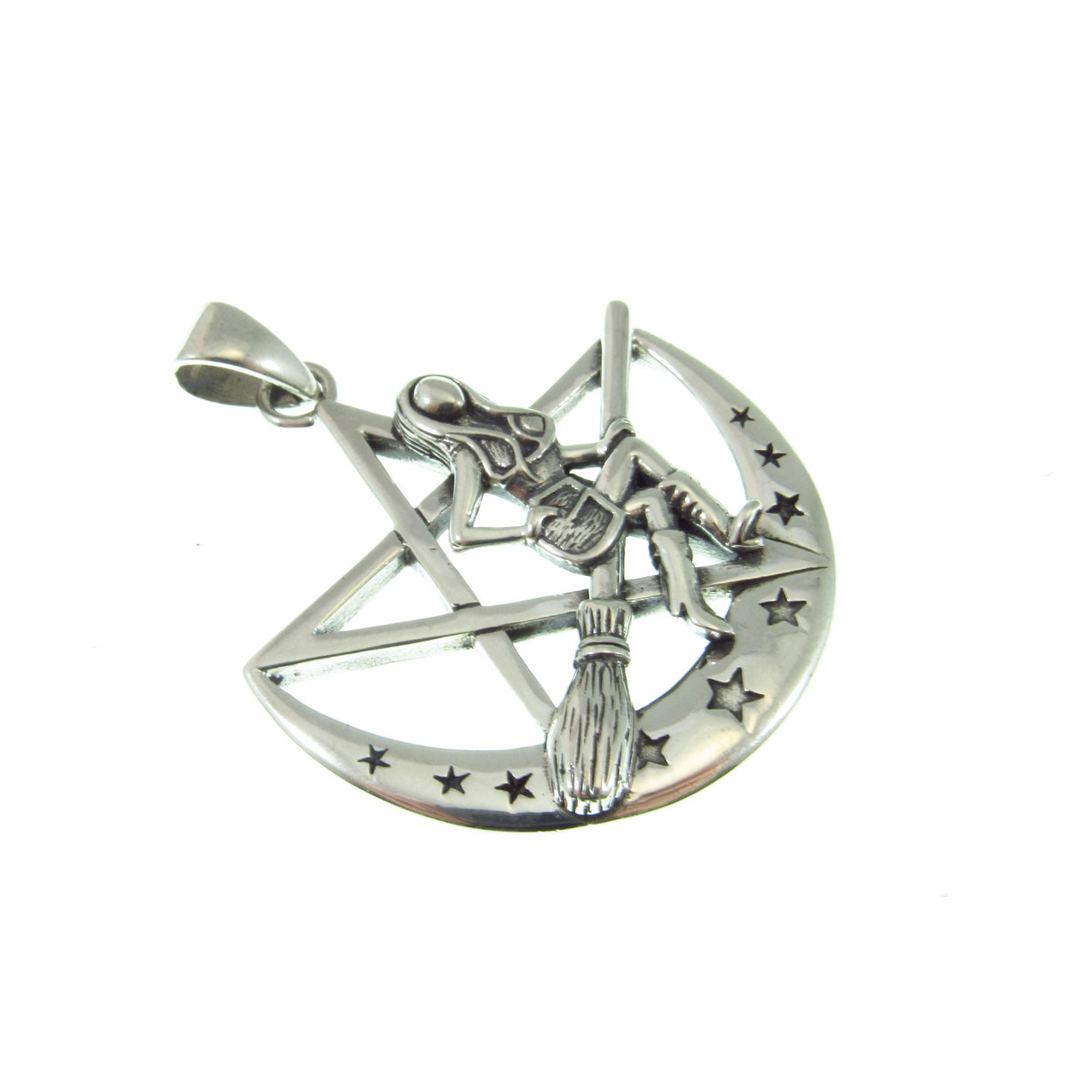 Solid 925 Sterling Silver Salem Witch on Crescent Moon Pentagram Pendant, Pagan Amulet